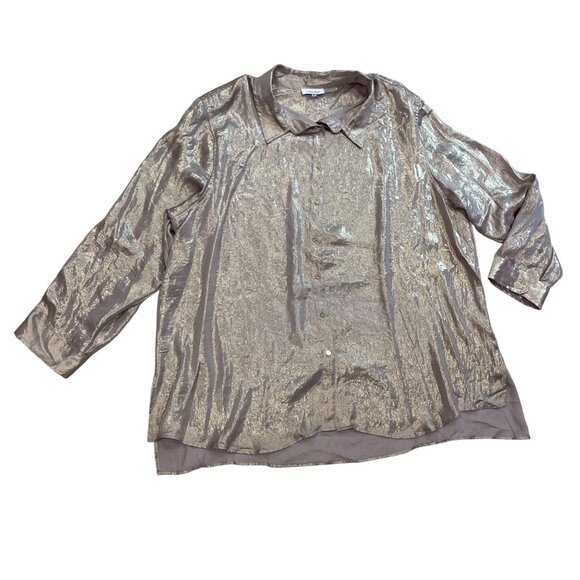 Calvin Klein Metallic Blouse Women's Plus Size 3X Roll Tab Sleeves Button Front - Picture 1 of 11
